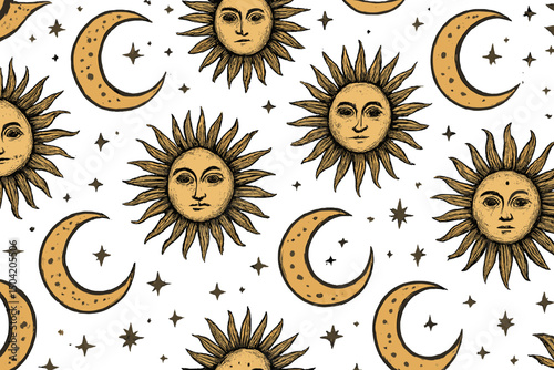 Celestial art design featuring sun and moon patterns against a white background