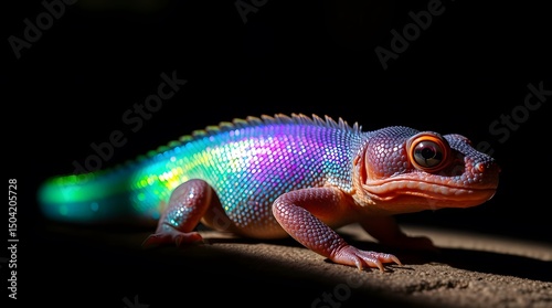 A captivating close-up of a pink lizard with iridescent scales, resting on a rock against a black background
