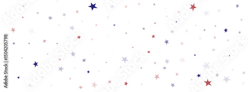 Patriotic banner background with red, white, and blue stars. Abstract confetti design for American holidays like 4th of July, Memorial Day, or Veterans Day.