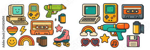 Nostalgic collection of retro gaming and pop culture items from the 90s, featuring colorful designs and playful elements