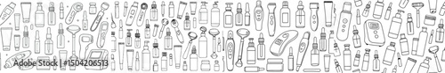 Various beauty and personal care tools arranged in a detailed pattern with a clean, modern design