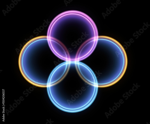 Neon Glowing Four-Circle Icon with Gradient Effect on Black Background – Translucent Symmetrical Abstract Design in Purple, Blue, and Yellow Hues