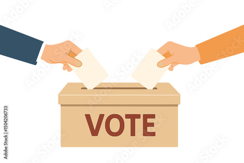 Voting process with two hands casting ballots into a box at a polling station during an election
