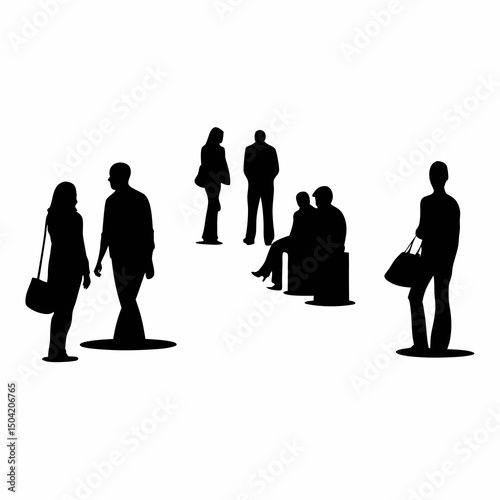 Silhouettes of People in Various Poses: Illustrating a candid urban scene with silhouettes of people engaged in casual interactions. Each figure stands alone, interacting or waiting.