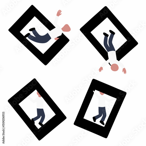 Falling Frames: Depicting a series of stylized figures within black frames, this illustration suggests concepts of motion, perspective, and abstract design in a dynamic composition.