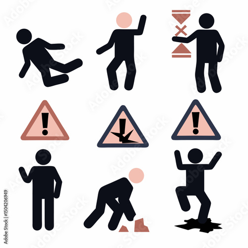 Warning Symbol Illustration: A collection of warning symbol with falling people, slippery floor or carrying timer illustration.