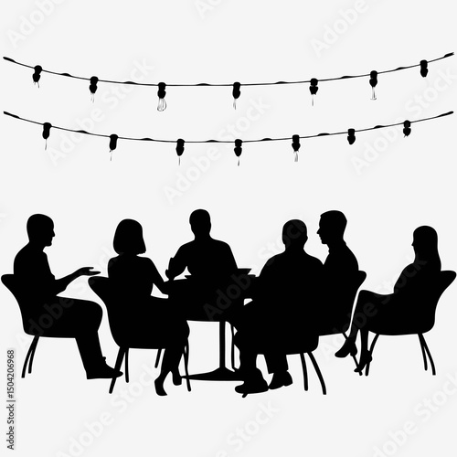 Discussion Silhouette: A simple black and white silhouette of people having a meeting with a charming light string overhead, creating a calm mood.