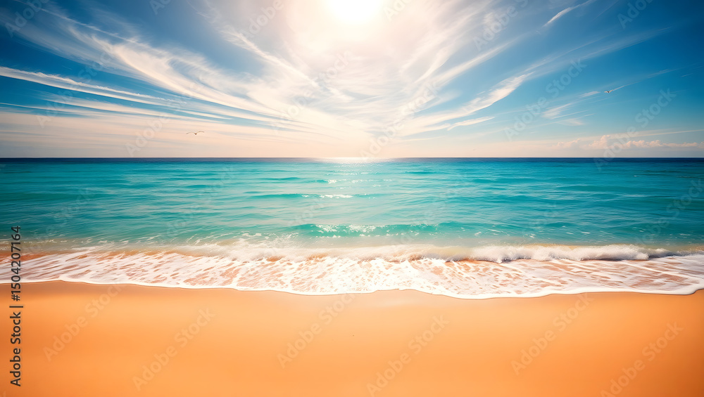 Fototapeta premium Serene Seaside: A tranquil coastal scene where the azure sea meets a sandy shore beneath a sunlit sky. Capturing the beauty of the open ocean and summer.