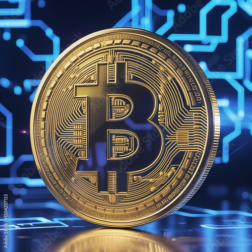 Golden Bitcoin Coin on Digital Network Background