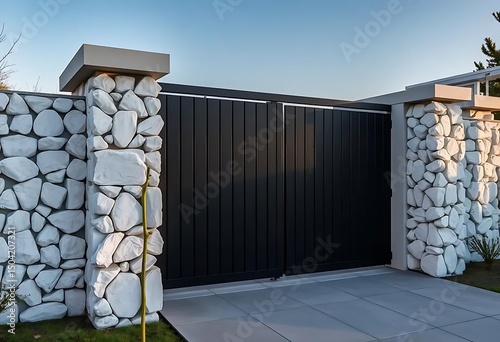 Explore modern black metal gate with white stone pillars for home security and curb appeal ideas