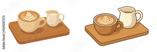 Artistic presentation of two coffee drinks with cream on wooden trays in a cozy cafe setting
