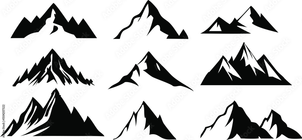 Fototapeta premium Isolated black and white vector of mountain tips with minimal line art, rugged and simple for nature and exploration themes.”