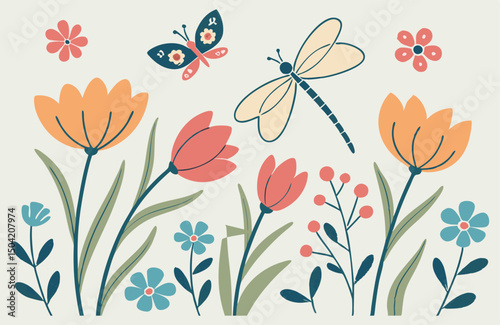 Seamless vector floral pattern with blooming tulips, leaves, and butterflies for a spring or summer design