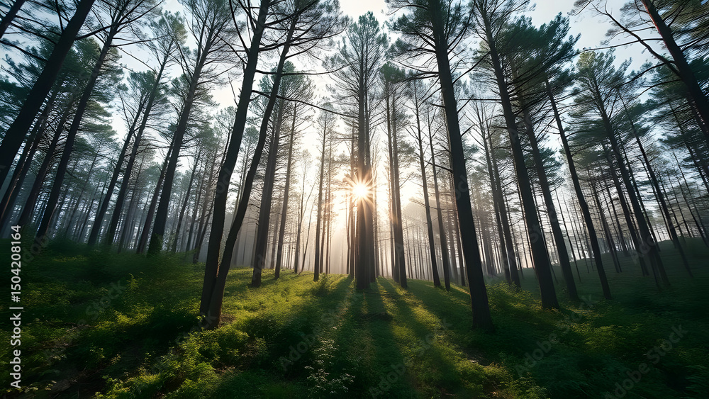 Obraz premium Sunlit Forest Canopy: Sunlight filtering through tall trees in a dense forest creating a beautiful display of nature.