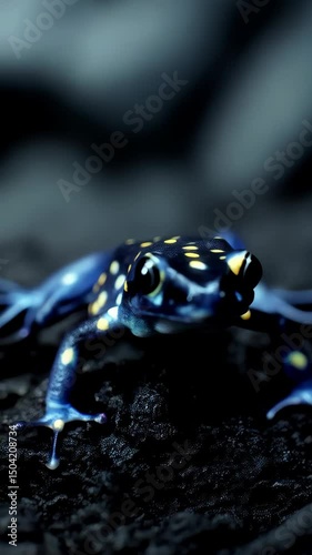Close-up of a vibrant blue poison dart frog with yellow spots resting on dark textured ground looking forward.