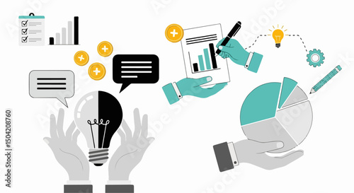  Illustration Representing Data Visualization, Problem-Solving, and Teamwork with Pie Charts, Documents, and Communication Symbols Depicting Modern Business Strategy and Technological Collaboration