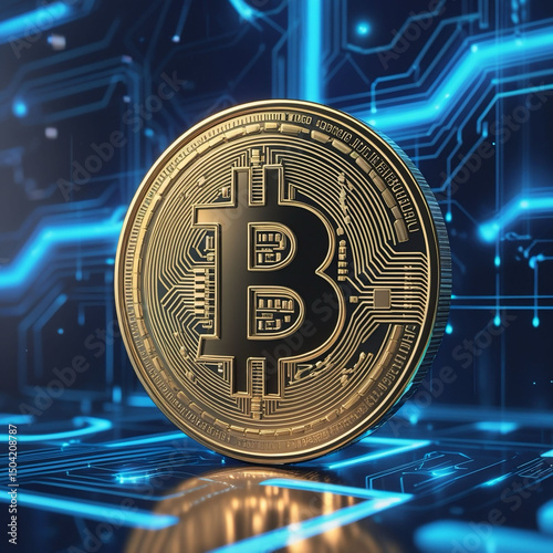 Shiny Golden Bitcoin on Futuristic Digital Background