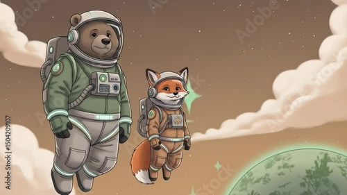 Eco Astronaut Bear and Fox Floating in Space with Copy Space photo