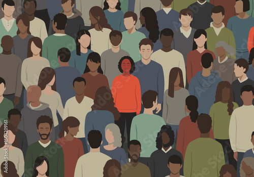 Diverse crowd of people with one individual in bright orange sweater  