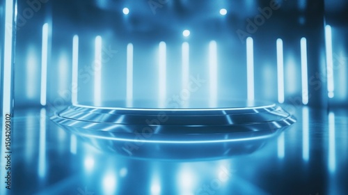 Empty platform under neon blue lighting photo