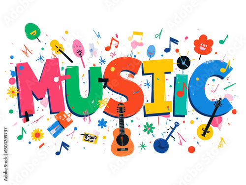 the word music done in colorful, fun, handwritten way 