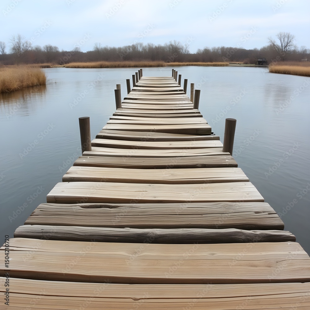 Obraz premium A wooden bridge across a calm river, each plank intact despite age, swaying gently in wind.