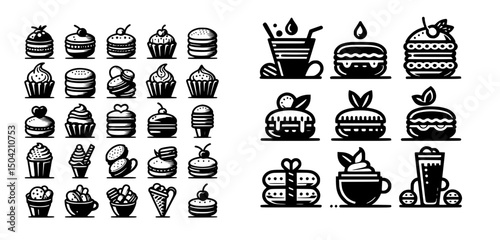 Collection of black and white pastry icons