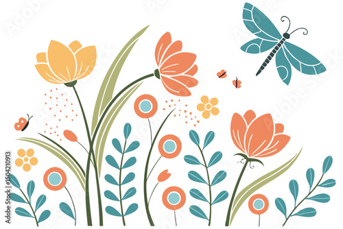 A vibrant floral background with colorful flowers and graceful butterflies
