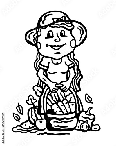 Black and white vector illustration of a girl, in a dress and hat, with a basket of fresh vegetables and fruits on a white isolated background