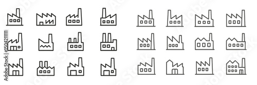 Collection of industrial building icons representing various factory designs and structures for commercial use