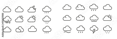 Weather icons collection featuring various atmospheric conditions in a minimalistic design