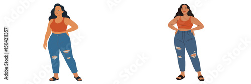 Fashionable woman posing confidently in casual attire with stylish ripped jeans and a trendy top