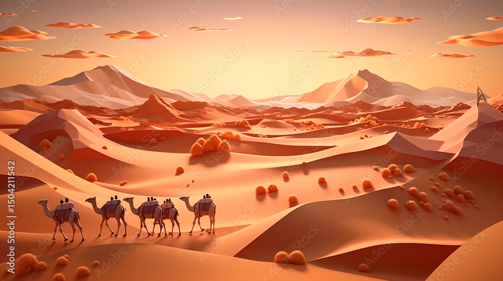 Fototapeta premium Desert landscape camel caravan