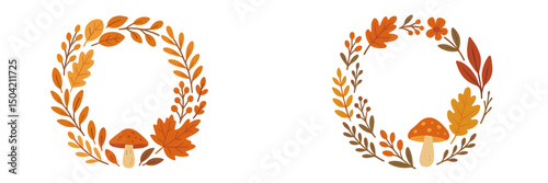 Colorful fall wreaths with mushrooms and autumn leaves in warm tones surrounded by vibrant foliage
