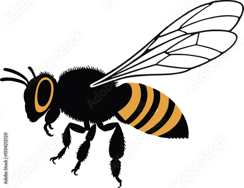 Dynamic Honey Bee Side View Silhouette: Detailed Vector Illustration for Nature, Garden, and Pollination-Themed Designs