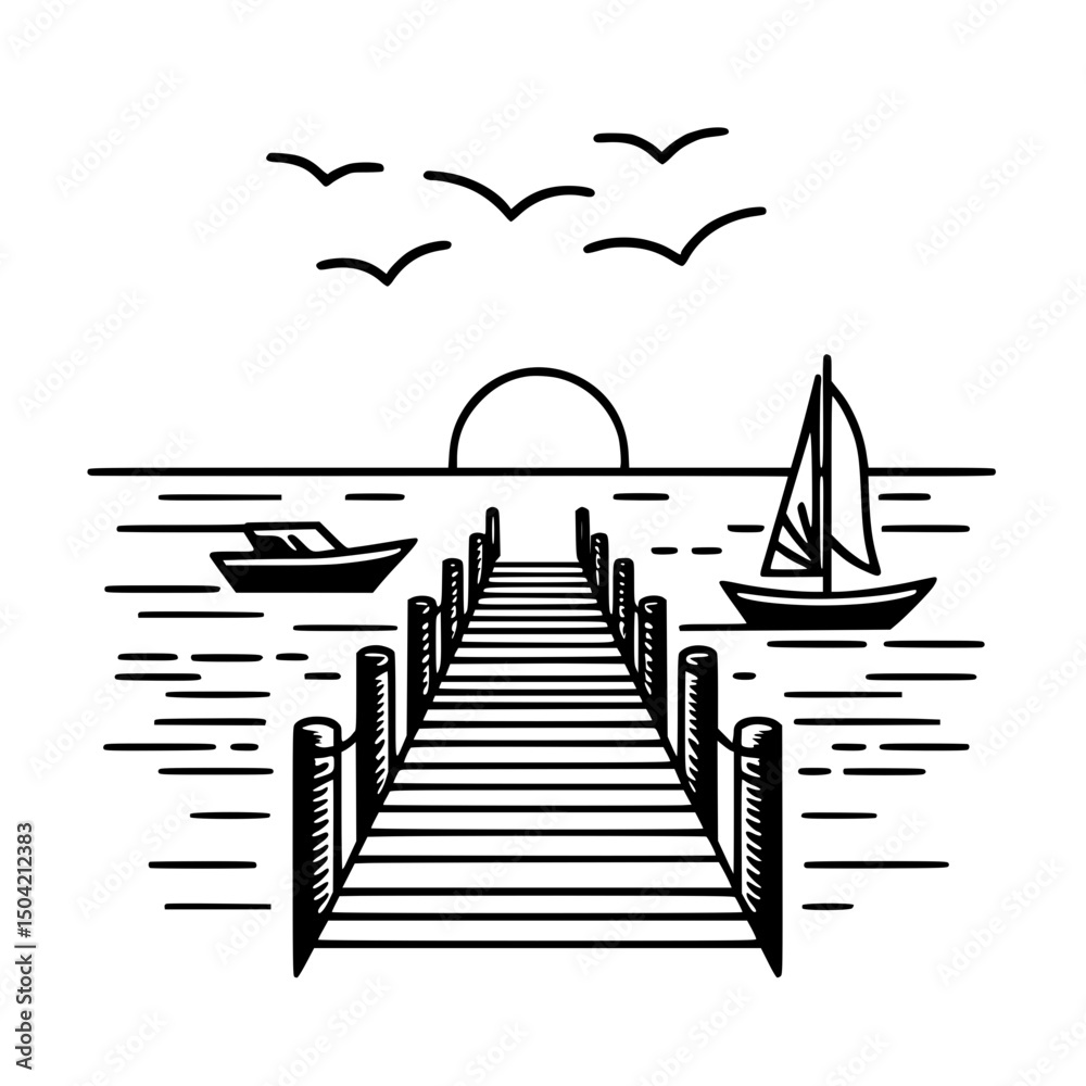 Scenic pier with boats and sunset in outline vector design  