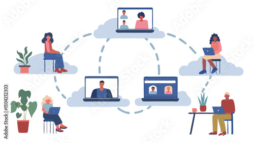 Illustration of people connecting through video calls on laptops with cloud and plant decorations around them