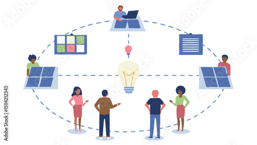 Illustration of diverse people collaborating around solar panels and a central light bulb idea source