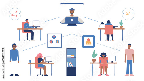 Illustration depicting remote work with people at desks connected via a central video call screen setup