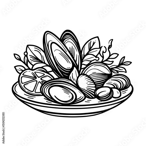 Plate of seafood with clams, mussels, and herbs in black outline  