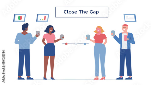 Depiction of four individuals using technology to bridge a gap in communication and collaboration online