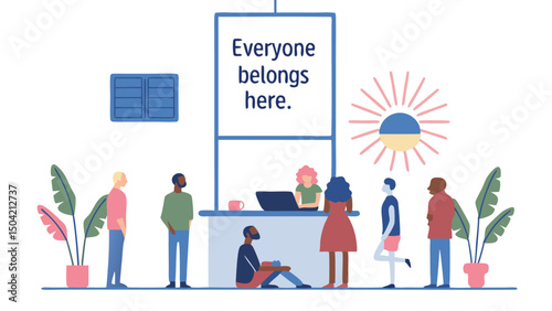 Everyone belongs here illustration with diverse people waiting in line at a welcome center display