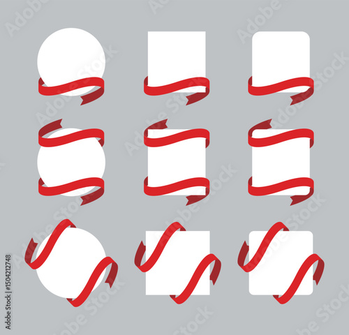 Set of round, square and rounded square shaped frame banners wrapped with red ribbon.