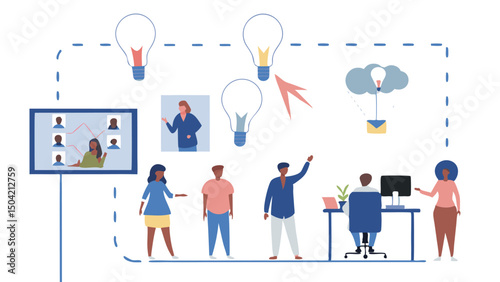 Illustration of a virtual meeting with team members sharing ideas and collaborating on a project online