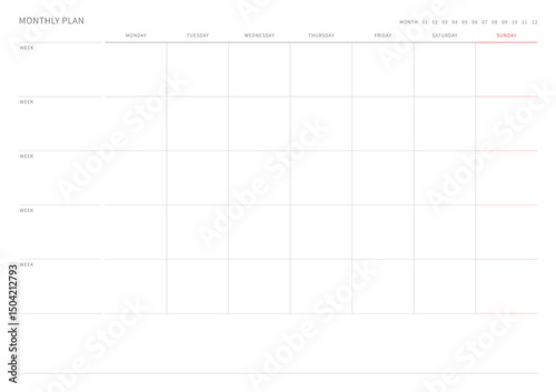 A monthly plan template with a simple and minimal style. Note, scheduler, diary, calendar planner document template illustration.