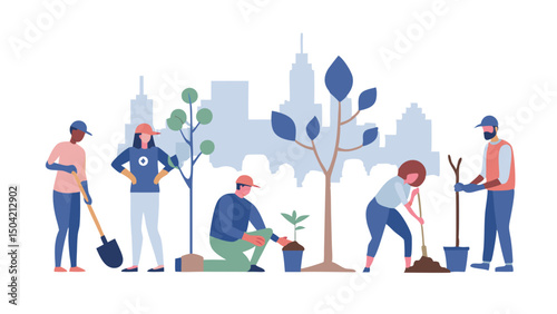 Group of people planting trees in a park with a city skyline in the background on a bright sunny day