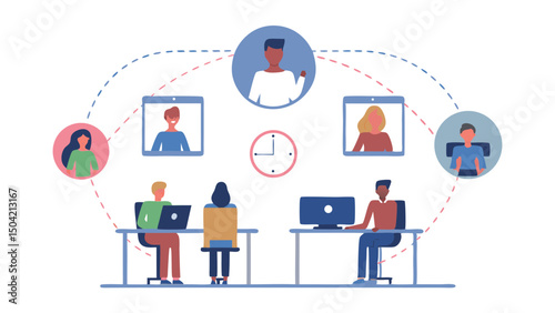 Illustrated remote working setup showing people connected via video calls and working at desks online