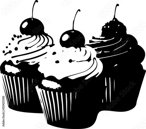Delightful Cupcake Trio with Cherries: Versatile Silhouette Design for Stencils, Decals, and Sweet-Themed Crafts & Decor