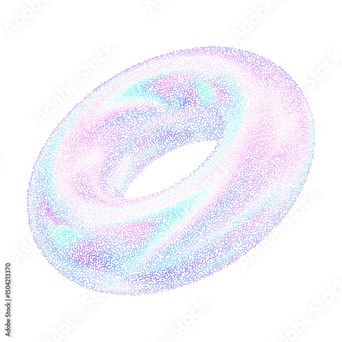 3d shape with noise gradient effect. Halftone gradation geometry figure torus. Y2k holographic element gritty grain texture. Stipple vector illustration of colored dots.