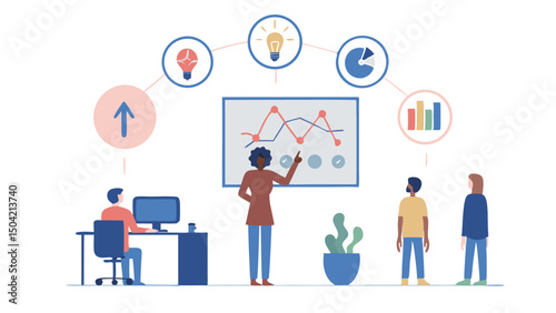 A business meeting with a presentation on a whiteboard and people discussing data and ideas together
